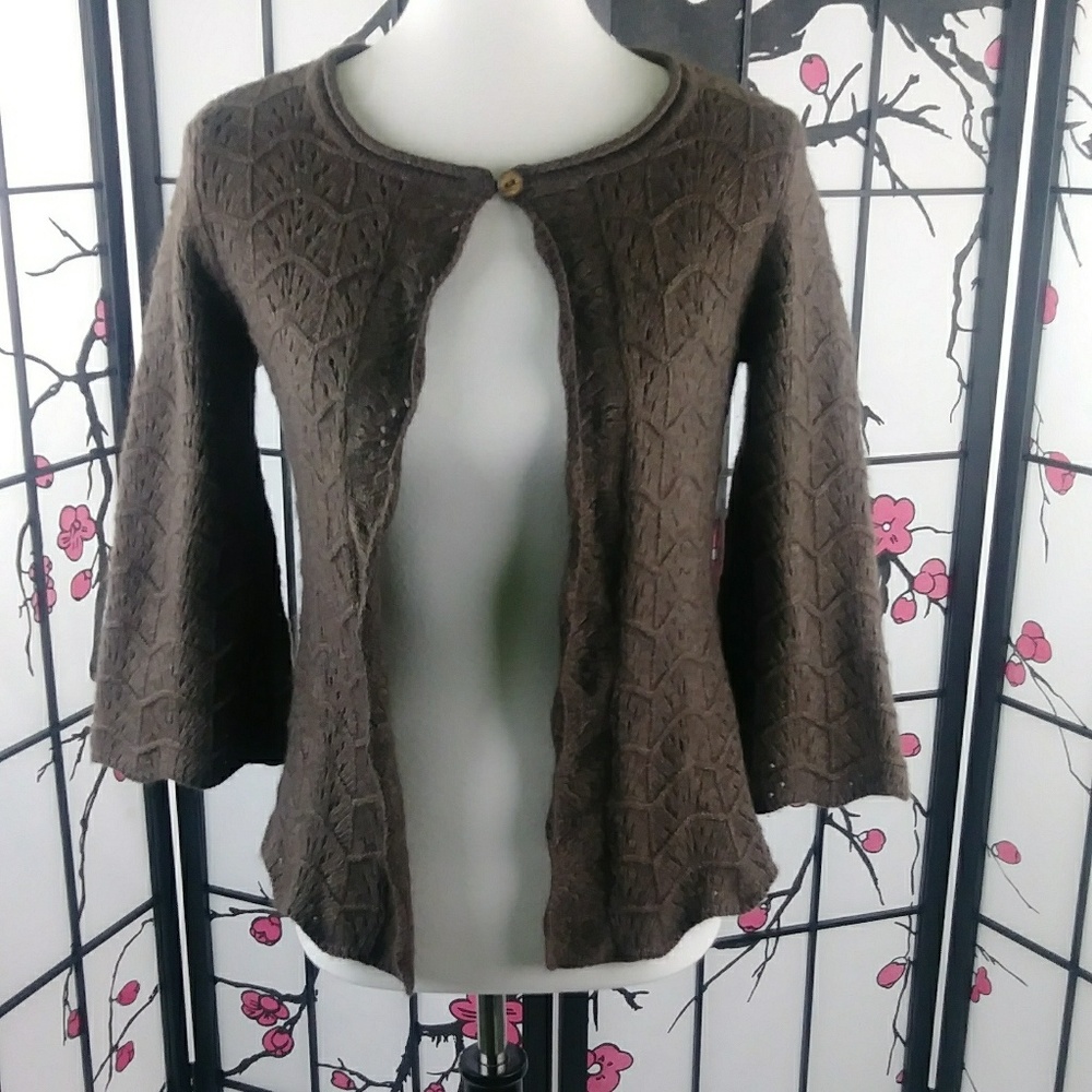 Tweeds Angora Bell Sleeve Crochet Brown Cardigan